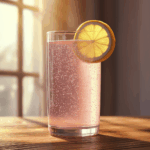 Close-up of pink salt recipe water with lemon slice in natural light