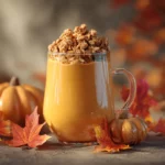 igh-protein pumpkin smoothie served with granola topping and fall decor on a rustic table.