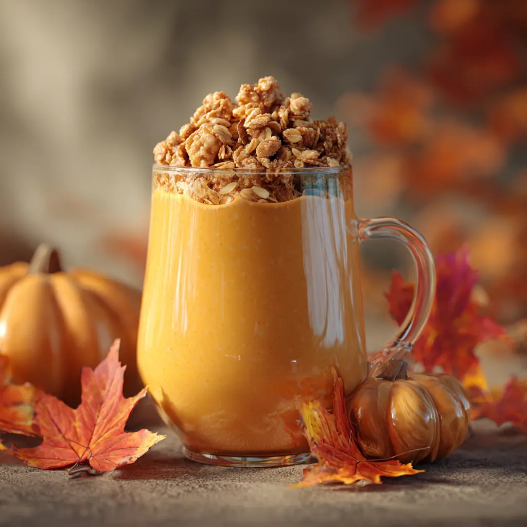 igh-protein pumpkin smoothie served with granola topping and fall decor on a rustic table.