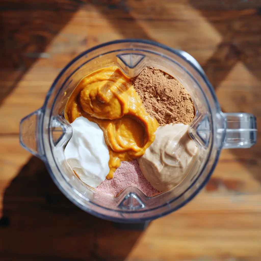 Alt Text: Blender with pumpkin purée, Greek yogurt, protein powder, banana, and almond milk blending into a high-protein pumpkin smoothie.