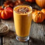 Alt Text: High-protein pumpkin smoothie in a tall glass topped with cinnamon and chia seeds on a rustic fall table.