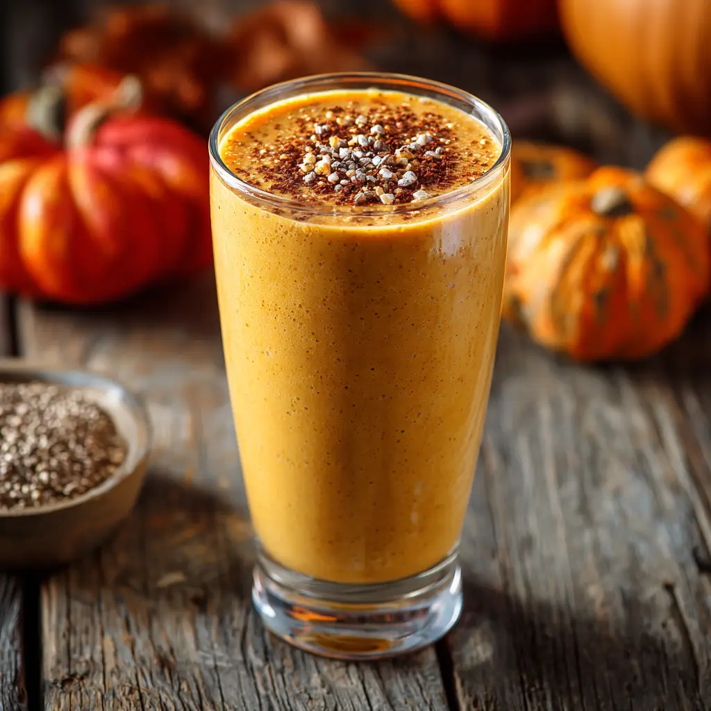 Alt Text: High-protein pumpkin smoothie in a tall glass topped with cinnamon and chia seeds on a rustic fall table.