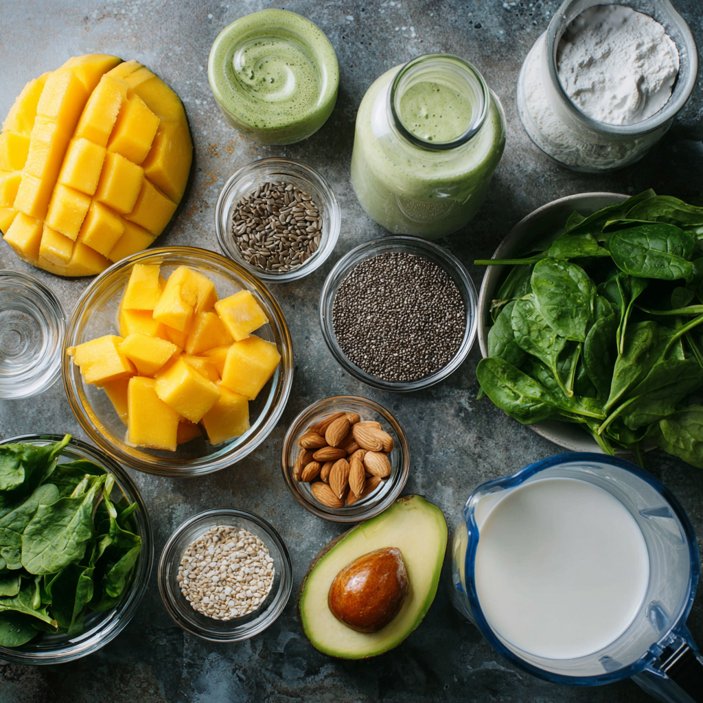 Banana-free smoothie prep with tropical ingredients and leafy greens