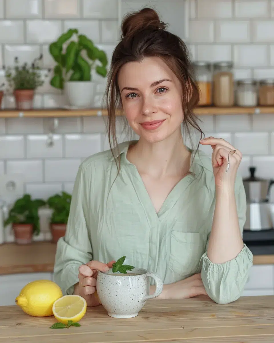 Katie Payne holding a cup of herbal tea with fresh mint and lemon in a bright modern kitchen