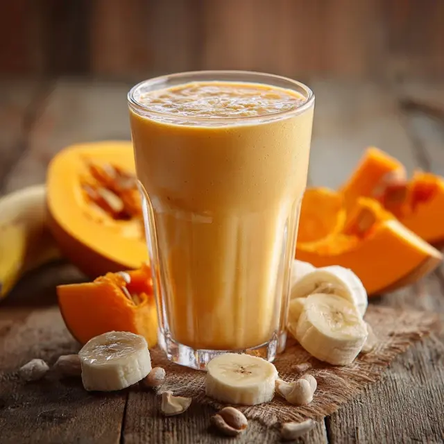 Low-sugar pumpkin banana smoothie in a tall glass with fresh pumpkin slices and banana pieces.
