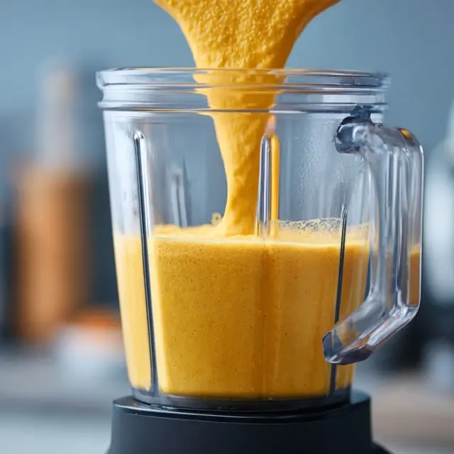 High-speed blender mixing pumpkin purée and banana into a creamy low-sugar smoothie.