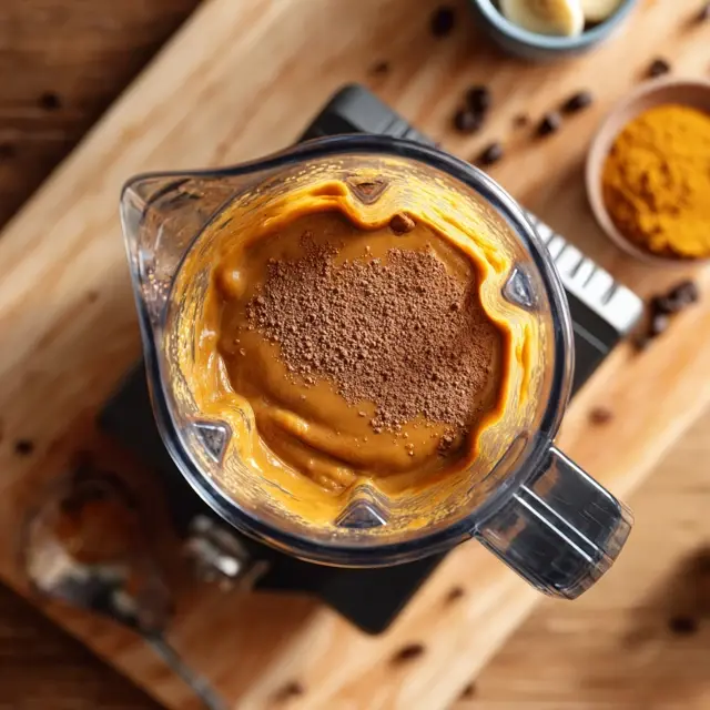 Blender filled with pumpkin, coffee, banana, and protein powder