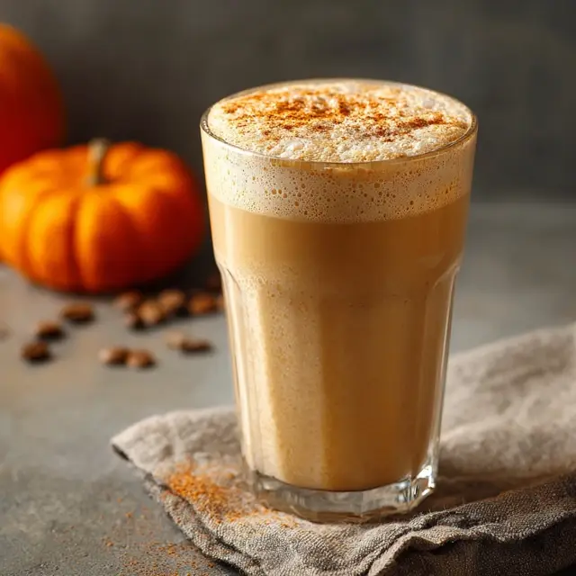 Pumpkin coffee smoothie topped with pumpkin spice in a tall glass