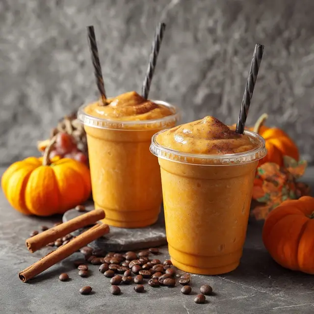 Two to-go pumpkin coffee smoothies with cinnamon sticks and pumpkins