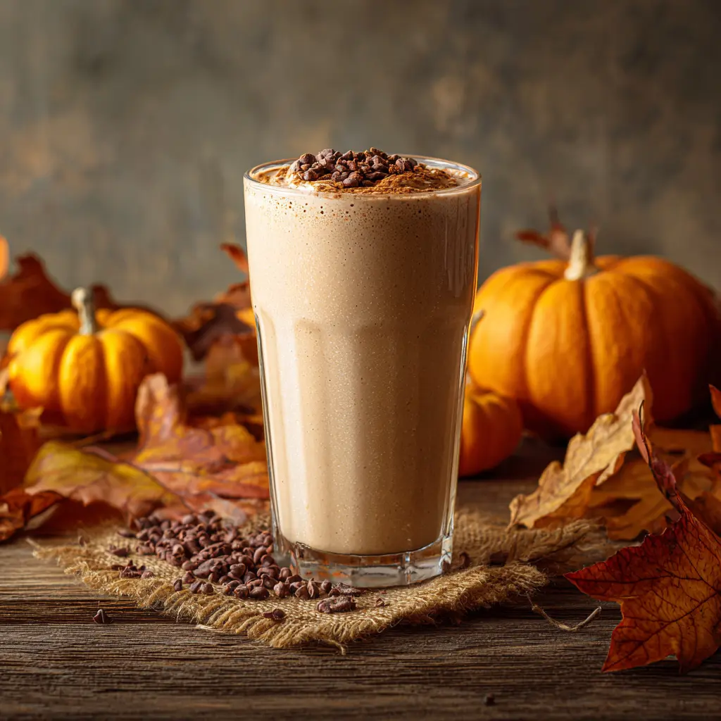 Creamy pumpkin spice protein shake with cinnamon and cacao nibs on a rustic wooden table.