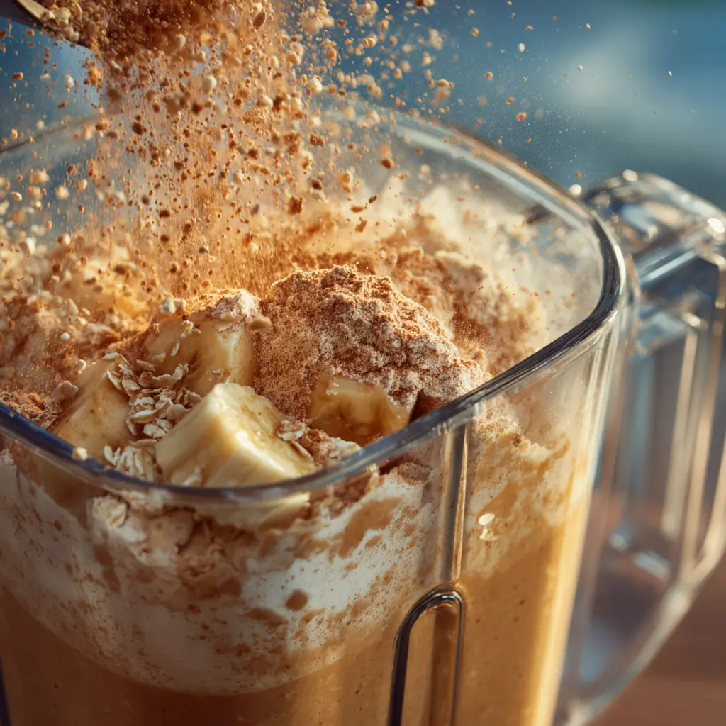 High-speed blender mixing pumpkin purée, banana, and protein powder into a creamy pumpkin spice protein shake.