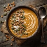 Creamy pumpkin spice smoothie bowl topped with granola, pumpkin seeds, and almond butter.