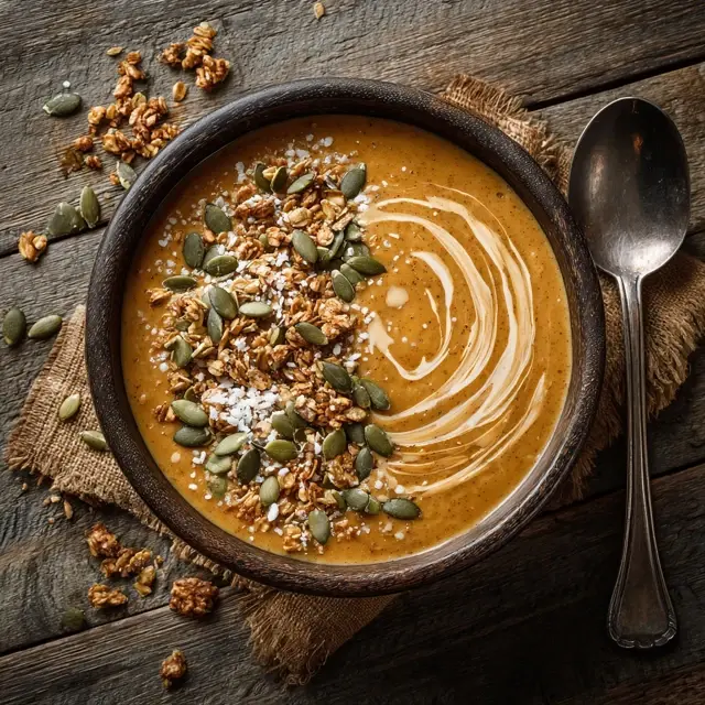 Creamy pumpkin spice smoothie bowl topped with granola, pumpkin seeds, and almond butter.