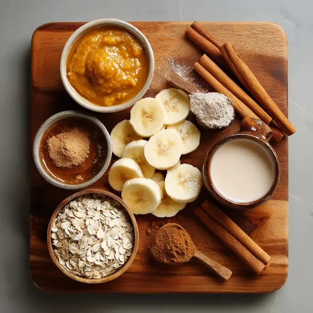 Ingredients for pumpkin spice smoothie bowl including pumpkin purée, frozen banana, and almond butter.