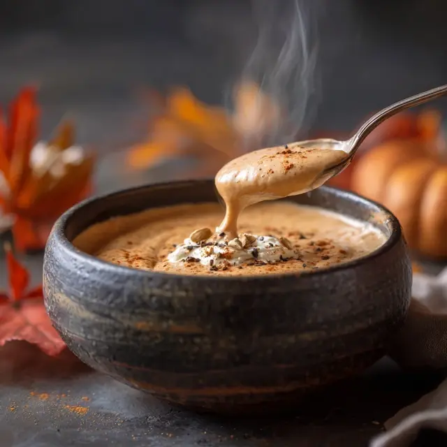 Thick and creamy pumpkin spice smoothie bowl served with a spoon.