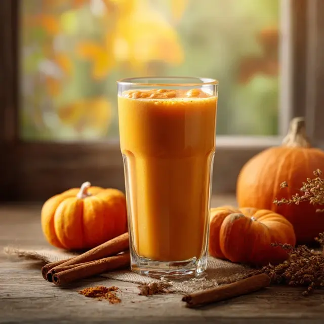 Glass of vegan pumpkin smoothie surrounded by cinnamon sticks and mini pumpkins.