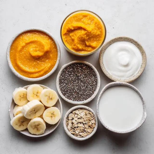 Ingredients for vegan pumpkin smoothie laid out on a white countertop.