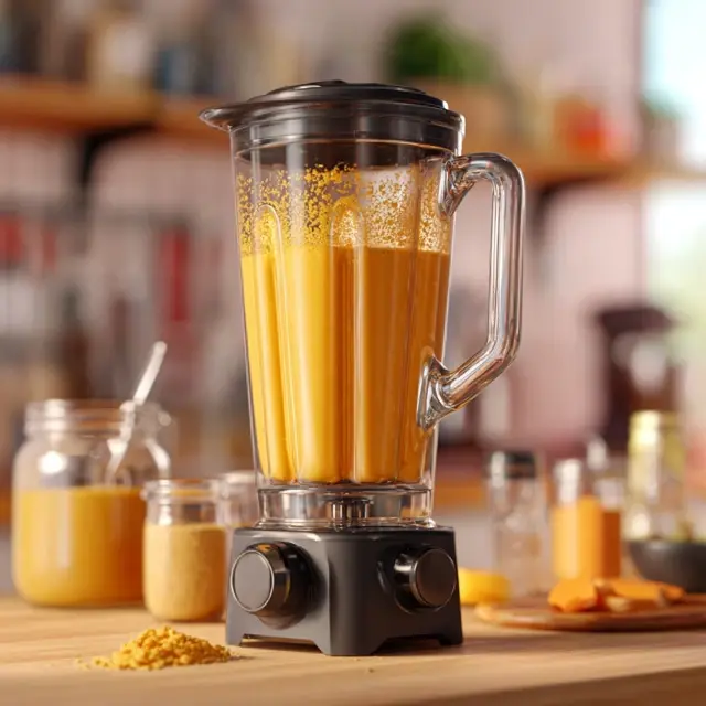 Blender blending vegan pumpkin smoothie mixture until creamy.