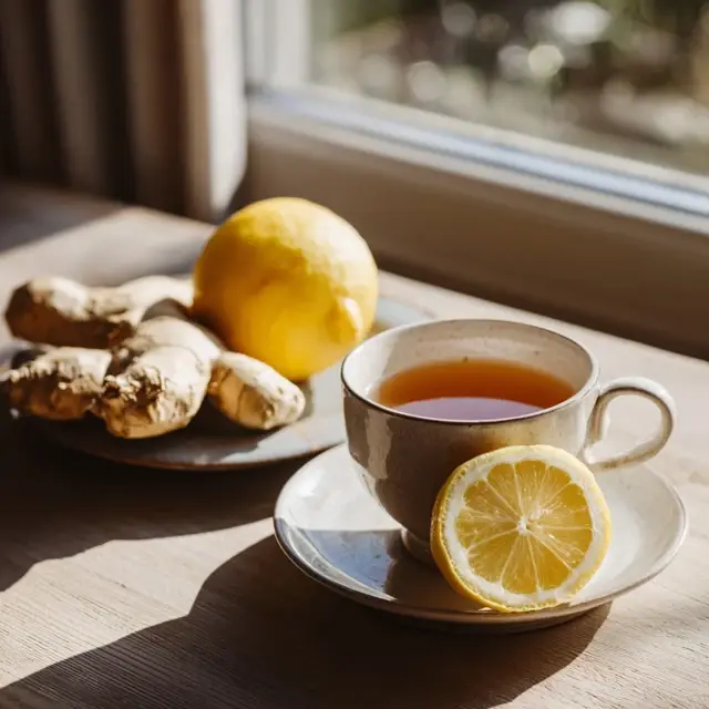 A bright morning scene with a cup of herbal tea near a window, fresh ingredients like lemon and ginger, and sunlight creating a refreshing start-of-day mood.