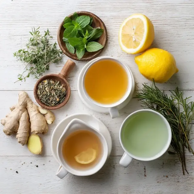 A cup of ginger tea with lemon on a breakfast table in natural morning light, promoting a refreshing morning digestive tea.