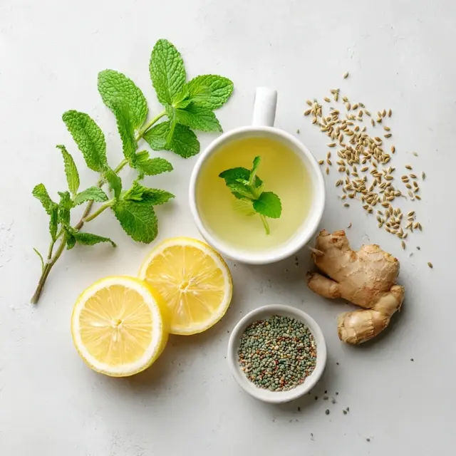 A fresh flat lay of herbal tea ingredients for a flatter stomach, including mint, ginger, lemon, and fennel seeds, styled in a clean and bright wellness theme.