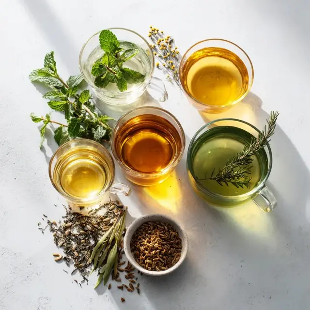 A group of herbal teas that support a flatter stomach, including peppermint, ginger, green tea, dandelion, and fennel, styled in a clean and natural wellness setting.