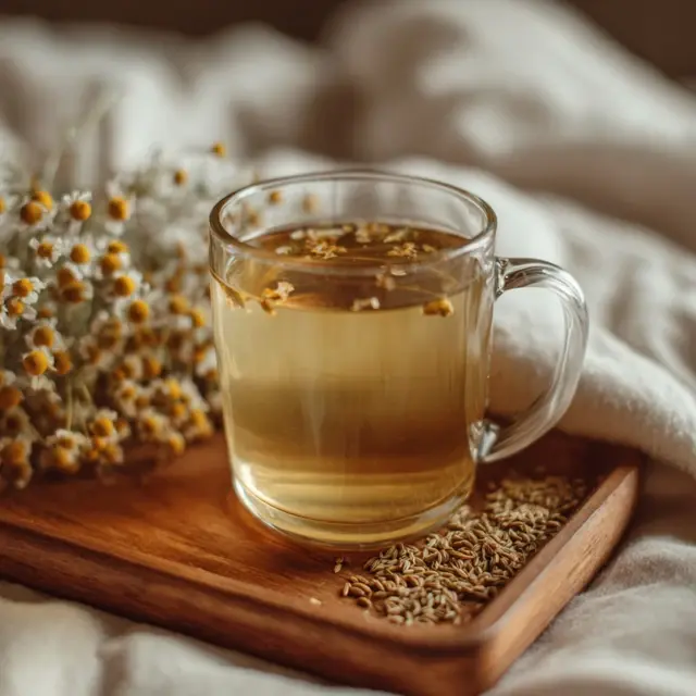 A cozy nighttime scene with a warm cup of herbal tea on a bedside table next to a soft lamp, creating a calming evening atmosphere for digestion and bloating relief.