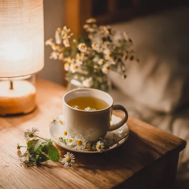 A glass mug filled with chamomile, ginger, and fennel herbal tea on a wooden tray, with the natural ingredients displayed around it, illustrating a night-time DIY tea recipe to reduce bloating.