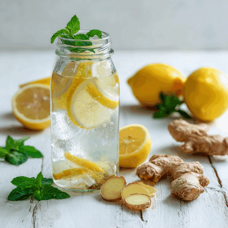 A clear glass jar of lemon and ginger detox water on a white table with lemon slices, ginger roots, and mint leaves, photographed in soft natural light — representing an easy anti-inflammatory drink for skin and gut health.