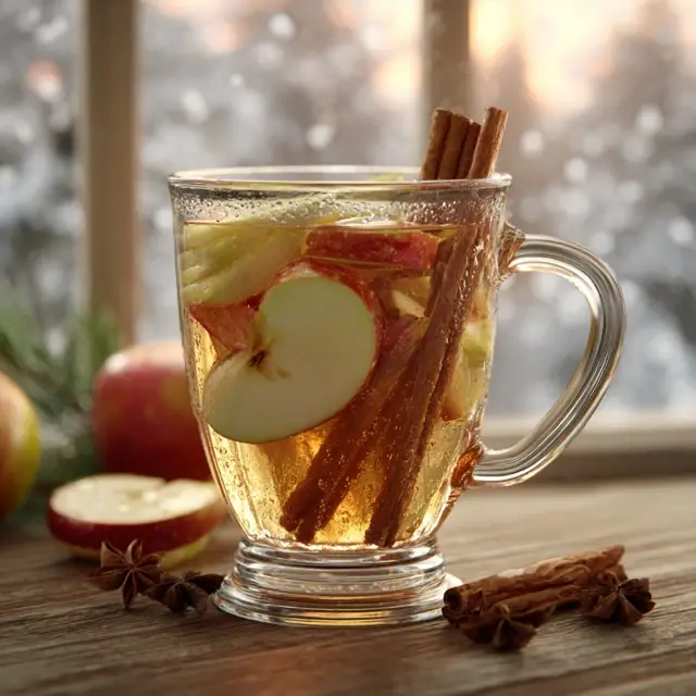 “Apple cinnamon tea with fresh apple slices and cinnamon sticks in a clear glass mug.”