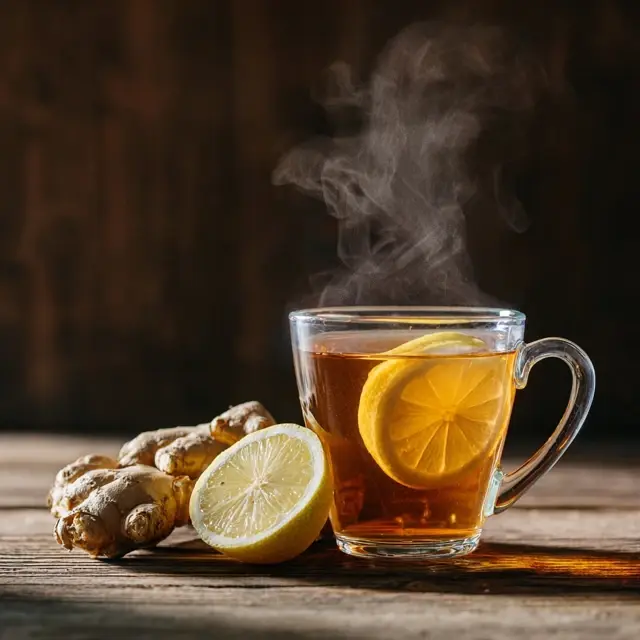 Glass cup of hot ginger lemon tea with steam rising, fresh ginger root and lemon slices on a wooden table.