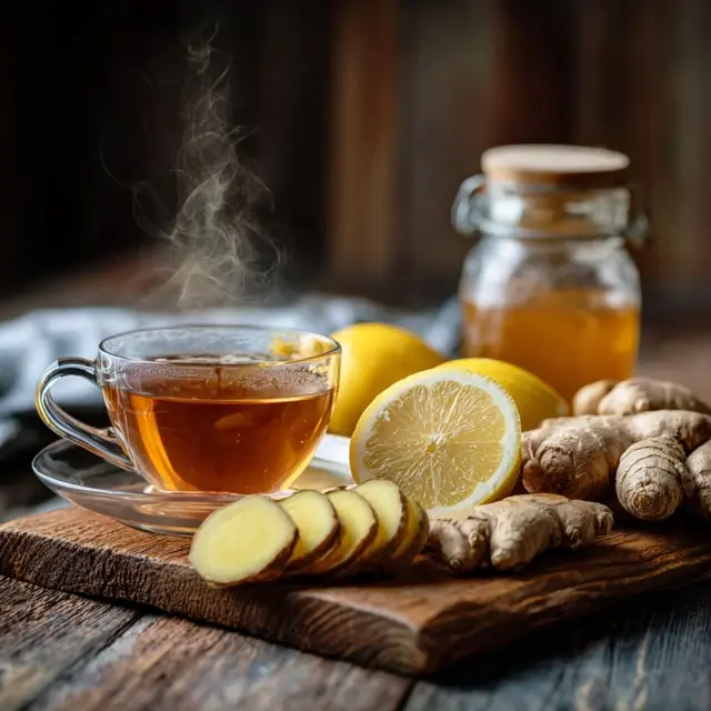 “Cup of ginger lemon tea with fresh ginger, lemon, and honey on a rustic winter table.”