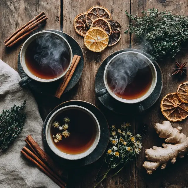 A mug of tea from winter tea recipes near a snowy window
