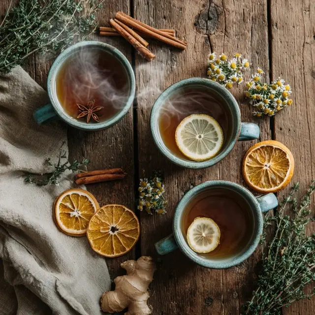 Winter tea recipes with herbal ingredients like chamomile, ginger, and orange peel